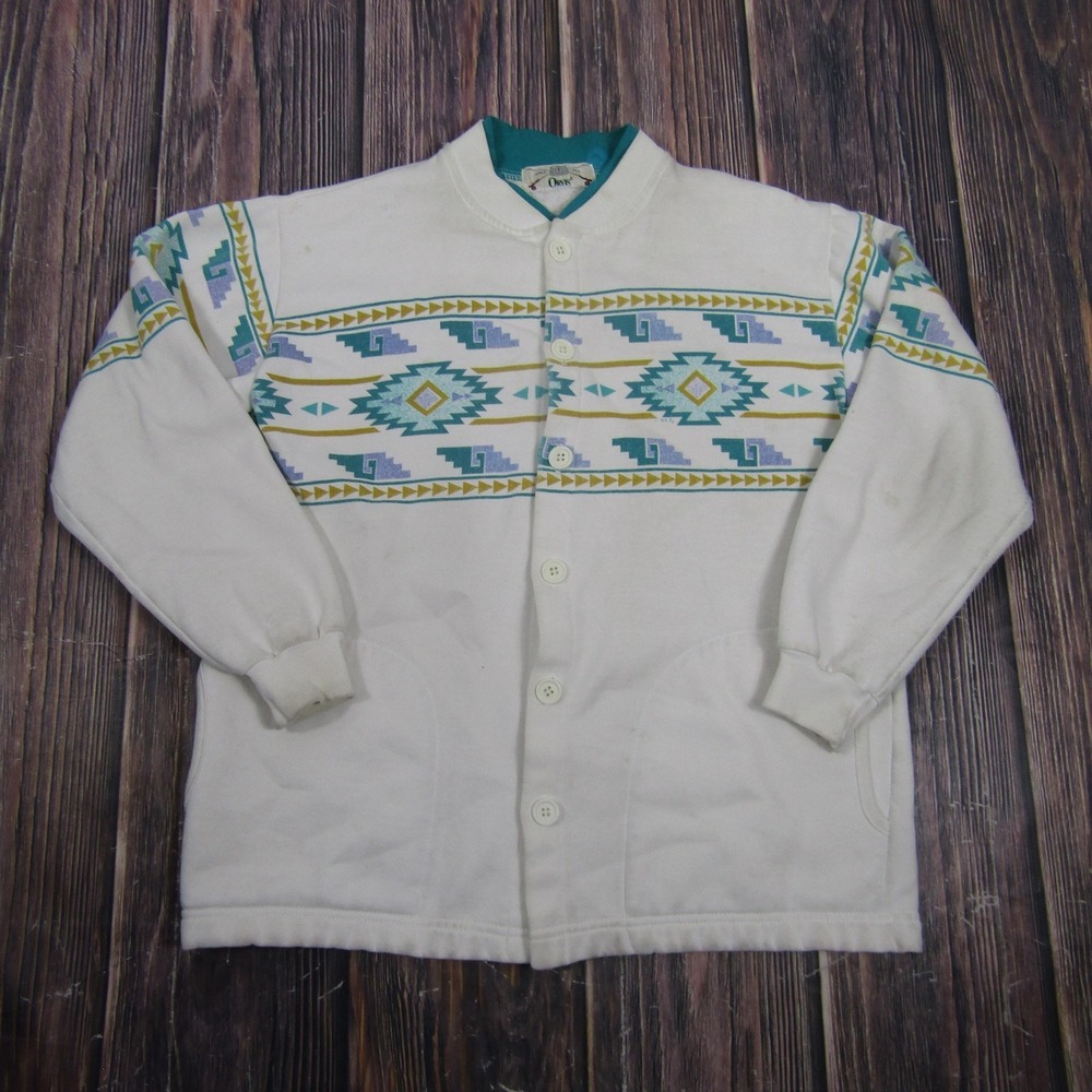Vintage Orvis Sweatshirt Mens XL White Tribal Western Cardigan Button Fleece - Picture 1 of 6
